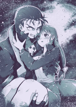 1boy 1girl bindi blue_seed carrying constricted_pupils facial_mark forehead_mark fujimiya_momiji highres jacket kusanagi_mamoru litonote long_hair low-tied_long_hair magatama short_hair skirt swept_bangs