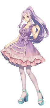 1girl absurdres aeris_(utau) aqua_shoes bow breasts cleavage dress frilled_dress frills full_body gradient_clothes gradient_dress high_heels high_ponytail highres long_hair looking_at_viewer matsuda_toki medium_breasts non-web_source official_alternate_costume official_art pantyhose ponytail purple_bow purple_dress purple_eyes purple_hair shoes sidelocks simple_background smile solo standing swept_bangs tachi-e transparent_background utau very_long_hair white_pantyhose