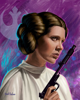 1girl brown_eyes brown_hair carrie_fisher double_bun dress gun hair_bun handgun highres holding holding_gun holding_weapon karol_cordero princess_leia realistic rebel_logo_(star_wars) signature solo star_wars star_wars:_a_new_hope teeth upper_body upper_teeth_only weapon white_dress