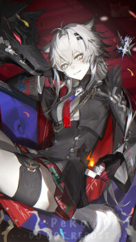 Rule 34 | 1girl, animal ears, arknights, black gloves, black jacket, cape, chinese commentary, commentary request, couch, cowboy shot, cropped jacket, fire, gloves, grey eyes, grey hair, grey tail, hair between eyes, highres, holding, holding lighter, jacket, lappland (arknights), lappland the decadenza (arknights), lighter, long hair, long sleeves, looking at viewer, necktie, on couch, red cape, red skirt, scar, scar across eye, scar on face, shui ran moon, sitting, skirt, smile, solo, tail, two-tone necktie, wolf ears, wolf girl, wolf tail