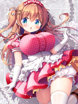 1girl :o apron bloomers blush bow breasts brown_hair commentary_request dress gloves green_eyes hair_between_eyes hair_bow hair_ornament highres large_breasts long_hair looking_at_viewer maid maid_apron maid_headdress open_mouth original pink_dress sasai_saji short_sleeves sidelocks signature solo standing thighhighs two_side_up underwear white_bow white_gloves white_thighhighs x_hair_ornament