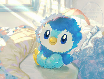 blue_eyes closed_mouth commentary_request fluffy gen_4_pokemon happy highres indoors light_rays looking_at_viewer nintendo no_humans piplup piyokonoenikki_04 pokemon pokemon_(creature) pokemon_focus sitting smile solo watermark
