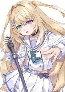 Rule 34 | 1girl, black choker, blonde hair, blush, bow, brown bow, choker, collarbone, commentary request, green eyes, hair between eyes, heterochromia, holding, holding microphone, long hair, long sleeves, looking at viewer, mementovanitas, microphone, microphone stand, miri (ago550421), open mouth, pleated skirt, purple eyes, riot music, sailor collar, school uniform, serafuku, shirt, simple background, skirt, solo, two side up, very long hair, virtual youtuber, white background, white sailor collar, white serafuku, white shirt, white skirt