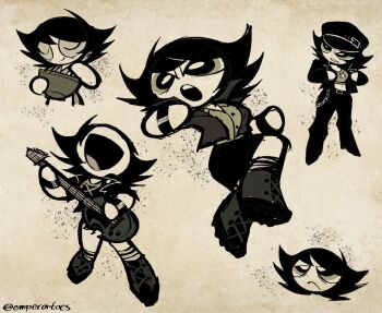 1girl apron black_hair boots buttercup_(ppg) cooking dress_shirt dynamic_pose electric_guitar emperartoes full_body gakuran guitar head_only instrument jacket monochrome multiple_views navel open_mouth playing_guitar playing_instrument powerpuff_girls powerpuff_girls_(style) punk school_uniform sepia shirt short_hair skirt smile toon_(style)