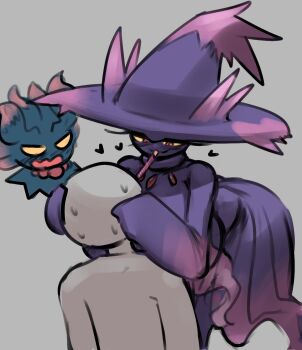 1boy 2girls assertive_female breasts colored_sclera eye_contact food gen_2_pokemon gen_4_pokemon gipehtyboo grey_background heart heart-shaped_pupils highres huge_breasts looking_at_another misdreavus mismagius multiple_girls nintendo object_in_mouth open_mouth pocky pokemon pokephilia red_eyes standing sweat symbol-shaped_pupils yellow_sclera