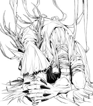antlers black_nails bloodborne commentary_request covered_face fingernails fromsoftware greyscale horns lineart megasus monochrome own_hands_together sharp_fingernails simple_background veil_over_eyes vicar_amelia white_background