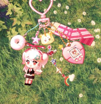 Rule 34 | bead bracelet, beads, black shoes, black skirt, black vest, bracelet, buttons, cat, character charm, charm (object), cloud, daisy (flower), donut, eyelashes, field, flower, flower field, food, food charm, frilled sleeves, frills, fur leg warmers, grass, hair ornament, hair scrunchie, hairclip, highres, infinity nikki, jewelry, leg warmers, light176, miniskirt, momo (nikki), nikki (nikki), nikki (series), no humans, objectification, open mouth, photo background, pink eyes, pink leg warmers, pink ribbon, pink scrunchie, pink shirt, plaid clothes, plaid skirt, puffy short sleeves, puffy sleeves, rainbow, ribbon, ribbon earrings, rosie sweetheart (infinity nikki), scrunchie, shirt, shoes, short sleeves, skirt, smile, star (symbol), star hair ornament, swept bangs, two side up, vest, virtual pet (toy), whimstar (infinity nikki), white cat, white flower, x hair ornament, y2k fashion, yellow ribbon