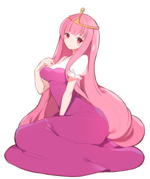 1girl :o adventure_time bad_id bad_pixiv_id colored_skin dress female_focus kuma.p long_hair looking_at_viewer pink_dress pink_hair pink_skin princess_bonnibel_bubblegum puffy_short_sleeves puffy_sleeves red_eyes short_sleeves sitting solo tiara very_long_hair white_background yokozuwari