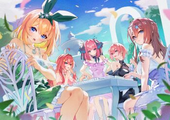 5girls absurdres ahoge bare_shoulders bibisuka black_dress blue_dress blue_eyes blush breasts brown_hair butterfly_hair_ornament chair cleavage closed_mouth collarbone commentary_request day dress feet_out_of_frame four-leaf_clover_necklace go-toubun_no_hanayome green_dress guest_art hair_between_eyes hair_ornament hair_ribbon head_chain highres jewelry large_breasts long_hair long_hair_between_eyes looking_at_another looking_at_viewer mahjong medium_hair multiple_girls nakano_ichika nakano_itsuki nakano_miku nakano_nino nakano_yotsuba off-shoulder_dress off_shoulder official_alternate_costume on_chair open_mouth orange_hair outdoors pink_dress quintuplets red_dress red_hair ribbon riichi_city short_hair siblings sisters sitting sky standing star_(symbol) star_hair_ornament table