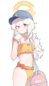 1girl alternate_costume alternate_hairstyle aoba_(blue_archive) bag bangle bare_arms bare_shoulders baseball_cap bikini blue_archive bow bracelet closed_mouth commentary cowboy_shot dot_nose frilled_bikini frills furrowed_brow hair_between_eyes halo hand_up hashtag-only_commentary hat highres hokori1207 holding holding_bag jewelry loli long_hair looking_at_viewer low_ponytail midriff name_tag navel orange_bikini peaked_cap ponytail red_bow red_eyes simple_background solo split_mouth standing swimsuit thighs very_long_hair wavy_hair wavy_mouth white_background white_hair yellow_halo