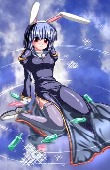 1girl 2000s_(style) animal_ears blue_hair blunt_bangs blush breasts closed_mouth cloud commentary_request cross cross_necklace dress fake_animal_ears full_body garter_straps ginsei_(mugenmamiya) grey_shoes grey_thighhighs highres jewelry juliet_sleeves long_sleeves looking_at_viewer medium_breasts necklace poring priest_(ragnarok_online) puffy_sleeves purple_dress rabbit_ears ragnarok_online red_eyes reflection reflective_water ripples shoes short_hair side_slit sitting smile solo thighhighs wariza water