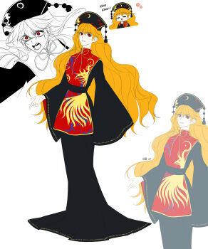 Rule 34 | 1girl, :d, absurdres, angry, black dress, blonde hair, chibi, closed mouth, commentary request, dalachi (headdress), dress, english text, full body, highres, junko (touhou), ktsis, long hair, long sleeves, looking at viewer, multiple expressions, open mouth, red eyes, red tabard, smile, standing, tabard, touhou, wide sleeves