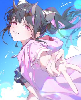 1boy absurdres animal_ears black_hair blunt_bangs cho_kaguya-hime! cloud commentary_request crossdressing crossdressing_(mtf) day floating_hair from_side highres hood hood_down hooded_jacket horns jacket komazawa_noi lee_eunyul long_hair looking_at_viewer male_focus multicolored_hair outdoors pink_eyes pink_jacket sky smile solo streaked_hair swimsuit tiger_ears trap twintails upper_body v