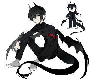 1girl allsu_official armband black_eyes black_hair black_wings commentary_request dragon_girl dragon_horns dragon_tail dragon_wings empty_eyes gakuran highres horns knees_up korean_commentary looking_at_viewer multiple_views original red_armband reverse_trap school_uniform short_hair simple_background sitting tail white_background wings