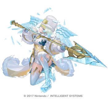 Rule 34 | 1girl, blonde hair, blue eyes, breasts, brooch, cape, capelet, commentary request, copyright notice, earrings, emblem, fire emblem, fire emblem heroes, fjorm (fire emblem), fjorm (icy miracle) (fire emblem), fur-trimmed cape, fur hat, fur trim, gloves, green eyes, hat, holding, holding polearm, holding weapon, ice, ice skates, ice wings, jewelry, maeshima shigeki, medium breasts, multicolored hair, nintendo, official alternate costume, official art, on one knee, parted lips, polearm, short hair, short hair with long locks, skates, solo, thighhighs, torn cape, torn clothes, weapon, white capelet, wings