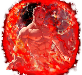 Rule 34 | 1boy, abs, absurdres, bara, beard, commentary request, convenient censoring, facial hair, fate/grand order, fate/zero, fate (series), fire, highres, iskandar (fate), jewelry, large pectorals, looking at viewer, male focus, male pubic hair, mature male, muscular, muscular male, necklace, nipples, nude, pectorals, pubic hair, pyrokinesis, red eyes, red hair, short hair, smile, smirk, solo, stomach, thick eyebrows, upper body, wincalblanke