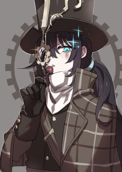 1boy bandana black_gloves black_hair black_vest blue_eyes brown_capelet brown_hat candy capelet food gears gloves grey_background hat highres holding holding_candy holding_food holding_lollipop hong_lu_(project_moon) limbus_company lollipop long_hair long_sleeves looking_at_viewer low_ponytail male_focus monocle plaid_capelet plaid_clothes ponytail project_moon shiki_(shikki46) simple_background solo steampunk top_hat upper_body vest white_bandana yurodiviye_(identity)_(project_moon)
