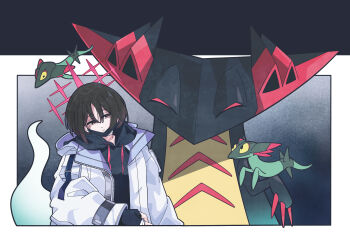 1girl absurdres bandaged_neck bandages black_gloves black_hair black_hoodie black_mask blue_archive crossover dragapult dreepy fingerless_gloves gen_8_pokemon gloves halo highres hood hood_down hoodie jacket long_sleeves mask mask_pull misaki_(blue_archive) mouth_mask nintendo pokemon pokemon_(creature) red_eyes red_halo short_hair surgical_mask toucho3691 white_jacket