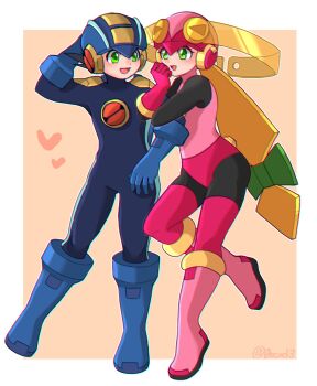 0xced3 1boy 1girl black_bodysuit blonde_hair blue_bodysuit blue_helmet blush bodysuit border couple full_body green_eyes heart helmet highres humanoid_robot leotard locked_arms long_hair looking_at_another medium_hair mega_man_(series) mega_man_battle_network_(series) megaman.exe pink_helmet pink_leotard robot robot_boy robot_girl roll.exe_(mega_man) simple_background spiked_hair white_border