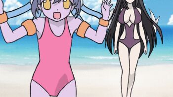 2girls ^_^ ahri_(league_of_legends) animated animated_gif beach breasts cleavage closed_eyes colored_skin day double_v closed_eyes fox_girl fox_tail hair_between_eyes large_breasts league_of_legends looking_at_viewer lulu_(league_of_legends) multiple_girls one-piece_swimsuit ore_no_nounai_sentakushi_ga_gakuen_love-comedy_wo_zenryoku_de_jama_shiteiru outdoors parody pink_one-piece_swimsuit pool_party_lulu purple_one-piece_swimsuit purple_skin smile swimsuit tail tentacles v yordle