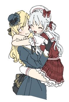 Rule 34 | 2girls, age difference, arms around neck, black bow, black gloves, blonde hair, blue dress, bow, bowtie, carrying, closed eyes, closed mouth, commentary request, dress, flower, frilled dress, frills, gloves, hair bow, hat, hat flower, hug, korean commentary, kyosaya 00, leg lock, long hair, long sleeves, mahou shoujo madoka magica, mahou shoujo madoka magica: hangyaku no monogatari, mahou shoujo madoka magica (anime), momoe nagisa, multiple girls, open mouth, puffy short sleeves, puffy sleeves, red dress, short sleeves, simple background, smile, socks, tomoe mami, white background, white hair, white socks, yellow eyes