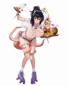 1girl ahoge animal_print banana bandaid bandaid_on_leg bandaid_on_pussy barcode bikini bikini_under_clothes black_hair blush bottle bottle_cap bracelet breast_rest breasts brown_dust_(series) brown_dust_2 cleavage cocktail_umbrella coconut coconut_cup commentary cow_horns cow_print crop_top cross-laced_clothes cross-laced_legwear denim denim_shorts drinking_straw exposed_pocket food fruit full_body furrowed_brow gauze gauze_on_knee hair_between_eyes hair_intakes hair_ornament hairband hairclip highres holding holding_tray horns hot_dog irorong jewelry ketchup knees_together_feet_apart large_breasts legs loen_(brown_dust_2) looking_at_viewer loose_clothes loose_shirt medium_hair micro_shorts midriff milk milk_bottle mustard octopus open_fly open_mouth parfait pendant pink_scrunchie pocky ponytail purple_eyes roller_skates scrunchie see-through_cleavage see-through_clothes see-through_shirt shirt shorts sidelocks skates skindentation socks soda soda_bottle solo spilling spoon strawberry_parfait struggling suction_cups sweat swimsuit tag takoyaki tentacles thigh_strap tray unkempt very_sweaty wet white_shirt white_socks wince
