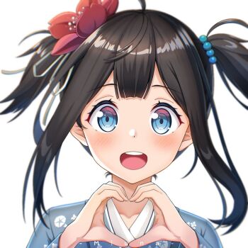 1girl :o ahoge artist_self-insert blue_eyes blue_kimono blunt_ends blush brown_hair collarbone commentary_request double-parted_bangs floral_print floral_print_kimono flower hair_ornament hands_up heart heart_hands japanese_clothes kanzashi kimono medium_hair miuna_(miunakun) miunakun open_mouth original portrait print_kimono red_flower self-portrait simple_background smile teeth two_side_up upper_teeth_only white_background