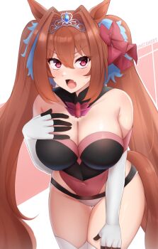 1girl absurdres animal_ears armpit_crease blush breasts brown_hair commentary cosplay covered_navel daiwa_scarlet_(umamusume) elbow_gloves eyebrows_hidden_by_hair fang gloves hair_between_eyes hair_intakes hand_on_own_chest highres horse_ears large_breasts leaning_forward long_hair looking_at_viewer mitamory open_mouth pink_eyes senki_zesshou_symphogear simple_background solo tiara twintails umamusume undersuit very_long_hair white_background white_gloves yukine_chris yukine_chris_(cosplay)