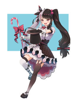 1girl :d absurdres ahoge animal_ear_legwear asymmetrical_footwear asymmetrical_legwear black_hair black_shoes black_thighhighs blue_background blush bow bowtie bright_pupils candy candy_cane center_frills cleavage_cutout clothing_cutout commentary_request dress elbow_gloves food footwear_ribbon frilled_dress frilled_sleeves frilled_thighhighs frills full_body gloves gold_buttons grey_hair hair_bobbles hair_ornament hair_ribbon haniwa_(leaf_garden) hat high-waist_skirt highres holding holding_candy holding_candy_cane holding_food holding_unworn_clothes holding_unworn_hat leaning_back leaning_to_the_side long_hair long_sidelocks looking_at_viewer low-tied_long_hair mismatched_footwear mismatched_legwear multicolored_hair nijisanji open_mouth overskirt pink_bow pink_bowtie pink_streaks puffy_short_sleeves puffy_sleeves rabbit_ear_legwear red_eyes ribbon sash shoes short_sleeves sidelocks simple_background skirt smile solo split-color_hair standing standing_on_one_leg streaked_hair striped_clothes striped_dress thighhighs top_hat tsurime twintails two-tone_hair two-tone_skirt unworn_hat unworn_headwear v-shaped_eyebrows vertical-striped_clothes vertical-striped_dress very_long_hair virtual_youtuber waist_ribbon white_dress white_gloves white_pupils white_thighhighs yorumi_rena yorumi_rena_(1st_costume)