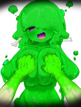 1girl blush bone breasts bubble_slime collarbone colored_skin creature eye_pov grabbing_another's_breast green_skin groping hair_over_one_eye hands_on_own_breasts highres hikyou_takarasou huge_breasts liquid_hair long_hair looking_at_viewer monster monster_girl nude open_mouth original poisoned pov pov_hands purple_eyes purple_mouth simple_background slime_(creature) slime_(substance) slime_girl solo surprised sweat white_background