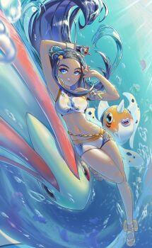 1girl air_bubble arm_up armlet bare_legs belly_chain bike_shorts black_hair blak_at blue_eyes breasts bubble closed_mouth commentary dynamax_band earrings eyelashes floating_hair gen_1_pokemon gen_3_pokemon highres holding holding_poke_ball hoop_earrings jewelry milotic navel nessa_(pokemon) nintendo poke_ball poke_ball_(basic) pokemon pokemon_(creature) pokemon_swsh sandals seaking sidelocks sports_bra tentacruel toes underwater