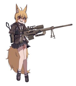 1girl ahoge animal_ears anti-materiel_rifle backpack bag bare_legs black_gloves black_necktie blonde_hair blush bolt_action casing_ejection cheytac_m200 cosplay evil_grin evil_smile flat_chest fox_ears fox_tail full_body gloves grin gun hair_between_eyes highres holding holding_gun holding_weapon jacket karepack knees_together_feet_apart large_tail leg_tattoo lenneth_liangzhou m200_(girls&#039;_frontline) m200_(girls&#039;_frontline)_(cosplay) miniskirt necktie non-web_source open_clothes open_jacket pale_skin ponytail red_eyes rifle sharp_teeth shell_casing shirt skirt slit_pupils smile sniper_rifle solo standing tail tattoo teeth transparent_background weapon white_shirt
