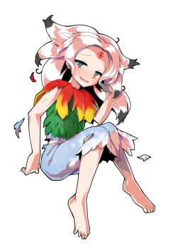 Rule 34 | 1girl, alphes (style), barefoot, black hair, blue eyes, blue skirt, blush, capelet, colored tips, commentary request, dairi, defeat, facial mark, feather capelet, feathers, flat chest, forehead, forehead mark, fossilized wonders, full body, gradient feathers, green leaf, half-closed eyes, hand up, houjuu chimi, large variant set, leaf clothing, leaf shirt, long hair, looking at viewer, multicolored hair, open mouth, parody, red feathers, shirt, simple background, skirt, sleeveless, sleeveless shirt, smile, solo, style parody, sweatdrop, tachi-e, torn capelet, torn clothes, torn skirt, touhou, transparent background, variant set, white hair, yellow feathers