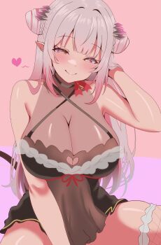 1girl absurdres babydoll bare_shoulders black_babydoll black_tail breasts commentary_request demon_girl demon_tail double_bun hair_bun heart highres indie_virtual_youtuber large_breasts pink_background pink_eyes pink_hair see-through_cleavage see-through_clothes simple_background solo suou_patra tail virtual_youtuber yuzi124