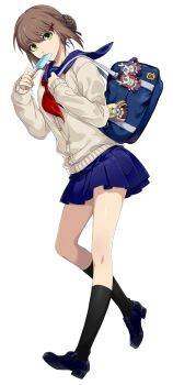 Rule 34 | 1girl, akatsuki no kiseki, bag, black socks, blue sailor collar, blue skirt, braid, brown hair, cardigan, duvalie, eiyuu densetsu, food, green eyes, hair between eyes, hair ornament, highres, loafers, long sleeves, looking at viewer, miniskirt, neckerchief, official art, pleated skirt, popsicle, red neckerchief, sailor collar, sailor collar lift, school bag, school uniform, sen no kiseki, sen no kiseki (series), sen no kiseki ii, serafuku, shoes, short hair, simple background, skirt, sleeves past wrists, socks, solo, standing, white background, white cardigan, x hair ornament