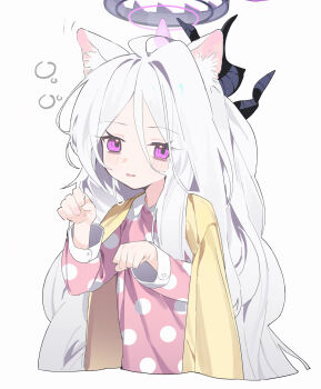 Rule 34 | 1girl, animal ears, black horns, blue archive, cardigan, cardigan on shoulders, cat ears, demon girl, demon horns, halo, highres, hina (blue archive), hina (pajamas) (blue archive), horns, long hair, measho, official alternate costume, pajamas, pink pajamas, polka dot, polka dot pajamas, purple eyes, simple background, solo, white background, white hair, yellow cardigan