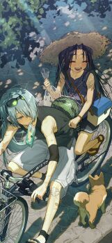 2boys absurdres androgynous aqua_hair bag bandaid bandaid_on_leg bicycle black_hair black_shirt black_shorts blue_eyes blush cargo_shorts closed_eyes clothes_grab cruiser_bicycle curtained_hair day elbow_sleeve eyewear_on_head facing_to_the_side food food_in_mouth from_above fruit fubuki_(nige_jouzu_no_wakagimi) hair_over_one_eye hat highres holding holding_bag horizontal-striped_clothes houjou_tokiyuki_(nige_jouzu_no_wakagimi) light_rays long_hair looking_to_the_side multiple_boys nige_jouzu_no_wakagimi open_mouth outdoors riding riding_bicycle sandals shiba_inu shirt shirt_grab short_eyebrows short_hair shorts sidelocks sleeveless sleeveless_shirt smile straw_hat striped_clothes striped_shirt sun_hat sunbeam sunlight watermelon white_shorts xiao_(creation0528)