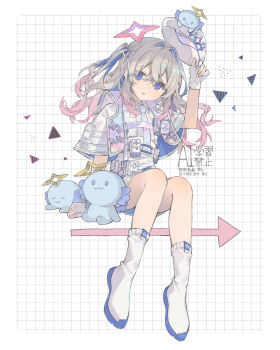 1girl amane_kanata arm_up blue_eyes blue_necktie boots commentary crossed_bangs double-parted_bangs full_body gloves gradient_hair grey_hair grid_background hair_between_eyes hair_intakes hat highres holding holding_unworn_clothes holding_unworn_hat hololive invisible_chair long_hair mizutama_(32mz_k) multicolored_hair necktie open_mouth pink_hair shirt short_sleeves shorts sitting solo symbol-only_commentary two_side_up unworn_hat unworn_headwear virtual_youtuber watermark white_background white_boots white_gloves white_hat white_shirt white_shorts wide_sleeves