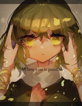 2girls commentary_request dress english_text engrish_text female_pov green_dress green_eyes green_hair grey_background looking_at_viewer multiple_girls one-hour_drawing_challenge open_mouth pov ranguage shinjitsu_no_kuchi short_hair soga_no_tojiko solo_focus tearing_up touhou toyosatomimi_no_miko upper_body