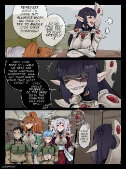 2boys 3girls armor astra_militarum beard black_hair blush circlet commentary eldar elf elf_(merrivius) elf_comic english_commentary english_text facial_hair frieren gloves gold_circlet high_ponytail highres himmel_(sousou_no_frieren) human_(merrivius) long_hair military_uniform multiple_boys multiple_girls odd_onion orange_hair partially_shaded_face pointy_ears ponytail short_hair shoulder_armor soldier sousou_no_frieren twintails very_long_hair warhammer_40k warhammer_fantasy