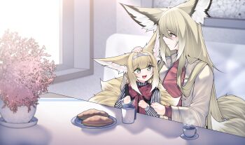 2girls absurdres alternate_costume animal_ear_fluff animal_ears arknights blonde_hair blue_hairband bow bowtie brown_coat closed_mouth coat commentary_request cup dated_commentary food fox_ears fox_girl fox_tail green_eyes hairband highres indoors kitsune kyuubi layered_sleeves long_hair long_sleeves mother_and_daughter mug multiple_girls multiple_tails open_mouth orange_eyes red_bow red_bowtie red_shirt samip shirt smile striped_clothes striped_shirt suzuran_(arknights) tail vulpisfoglia_(arknights)