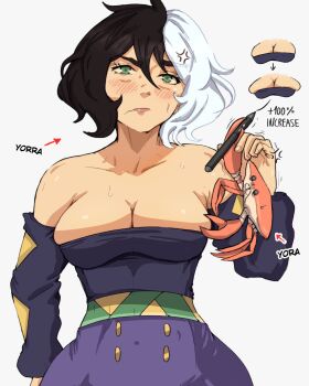 1girl alternate_breast_size anger_vein arrow_(symbol) artist_self-insert bare_shoulders black_hair borrowed_character breasts bursting_breasts cleavage commentary crab detached_sleeves english_commentary english_text green_eyes high-waist_skirt highres large_breasts multicolored_hair no_bra original purple_skirt short_hair skirt solo_focus split-color_hair strapless two-tone_hair white_hair yoracrab yorra_villeneuve_(nyantcha)