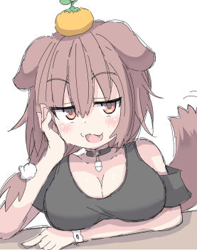 1girl absurdres animal_ears breasts brown_hair cleavage commentary dog_ears dog_girl dog_tail food food_on_head fruit fruit_on_head highres hololive inugami_korone large_breasts object_on_head solo tail umberblack
