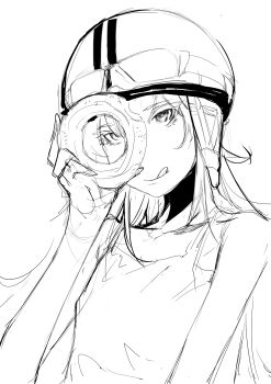 1girl absurdres arm_at_side aviator_cap blonde_hair camisole collarbone commentary_request donut food goggles goggles_on_headwear hand_up helmet highres holding holding_donut holding_food lineart long_hair looking_through_donut monogatari_(series) oshino_shinobu shishirui_san simple_background solo tongue tongue_out upper_body very_long_hair white_background