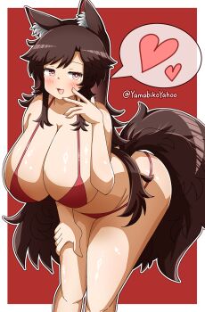 :d absurdres animal_ear_fluff animal_ears bent_over bikini blush border breasts bright_pupils brown_eyes brown_hair cleavage commentary hand_on_own_leg heart highres huge_breasts imaizumi_kagerou looking_at_viewer open_mouth outline red_background red_bikini sidelocks simple_background smile spoken_heart swimsuit tail touhou twitter_username untranslatable_commentary variant_set white_border white_outline white_pupils wolf_ears wolf_girl wolf_tail yamabikoyahoo