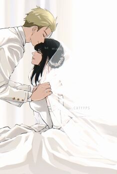 1boy 1girl artist_name black_hair blonde_hair breasts bridal_veil catyyps closed_eyes closed_mouth collared_shirt couple dress earrings elbow_gloves flower gloves hair_between_eyes hair_flower hair_ornament hetero highres husband_and_wife jacket jewelry kiss kissing_forehead long_dress long_hair medium_breasts ring shirt short_hair sidelocks smile spy_x_family suit_jacket twilight_(spy_x_family) updo upper_body veil wedding wedding_dress wedding_ring white_dress white_flower white_gloves white_jacket white_shirt yor_briar