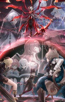 3boys 6+girls aged_down ahoge animal_ears arlecchino_(cinder_of_two_worlds'_flames)_(genshin_impact) arlecchino_(genshin_impact) battle beret black_eyes black_hair black_hands black_hat black_pants blonde_hair blue_eyes blue_hair blue_hat blue_jacket book book_on_lap bow_(weapon) breasts cat_ears cat_girl cat_tail censored censored_identity clervie_(genshin_impact) closed_mouth coat colored_extremities commentary crimson_moon's_semblance_(genshin_impact) crucabena_(genshin_impact) dress english_commentary fatui_coat finale_of_the_deep_(genshin_impact) freminet_(genshin_impact) fur-trimmed_coat fur_trim furina_(genshin_impact) genshin_impact green_eyes hair_between_eyes hair_over_one_eye hairband hat highres holding holding_bow_(weapon) holding_scythe holding_sword holding_weapon jacket lolbyts long_hair long_sleeves lynette_(genshin_impact) lyney_(genshin_impact) medium_breasts multicolored_hair multiple_boys multiple_girls multiple_persona multiple_views multiple_wings neuvillette_(genshin_impact) open_book pants peruere_(genshin_impact) pink_hair planted planted_sword reading red_pupils red_wings scythe shirt short_hair streaked_hair sword symbol-shaped_pupils tail the_bell_(genshin_impact) the_first_great_magic_(genshin_impact) top_hat weapon white_dress white_hair white_hairband white_shirt wings x-shaped_pupils
