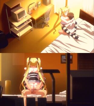 1boy 1girl animated animated_gif bed between_legs blonde_hair breasts censored closed_eyes hetero kanojo_x_kanojo_x_kanojo loli orifushi_mafuyu sex shiki_haruomi small_breasts split_screen spread_legs striped_clothes striped_thighhighs thighhighs twintails