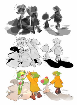 1girl absurdres arms_up boots brown_boots closed_eyes coat commentary_request flower_wreath gardevoir gen_3_pokemon green_hair highres holding_hands hood hood_down inari1369 long_sleeves nintendo open_mouth pokemon pokemon_(creature) raincoat ralts smile standing white_background yellow_coat yellow_raincoat