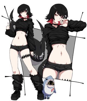 1girl absurdres alternate_costume animal_costume bangboo_(zenless_zone_zero) black_boots black_choker black_eyes black_shirt black_shorts boots breasts candy choker colored_inner_hair colored_sclera ellen_joe fins fish_tail food fur_socks hair_ornament highres holding holding_candy holding_food holding_lollipop kekel large_breasts lollipop lollipop_in_mouth long_sleeves looking_at_viewer middle_finger midriff multicolored_hair multiple_views red_eyes red_hair shark_costume shark_girl shark_tail sharkboo_(zenless_zone_zero) shirt short_hair short_shorts shorts tail two-tone_hair yellow_sclera zenless_zone_zero